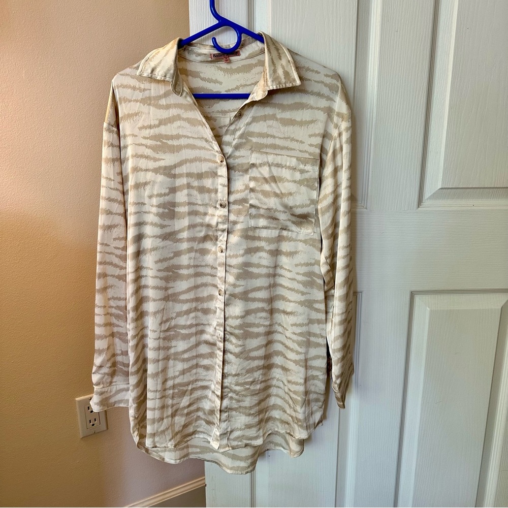 Beige and White Tiger Stripe Button-Up Shirt